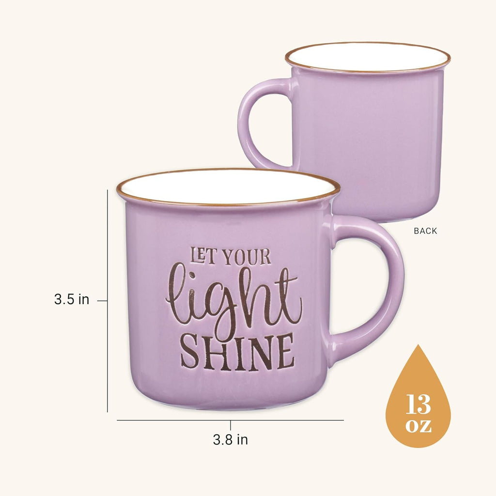 Lavender Camp Style Ceramic Coffee Mug – 13 Oz. Microwave & Dishwasher Safe Inspirational Scripture Coffee & Tea Mug for Women with Bible Verse: Let Your Light Shine – Matthew 5:16