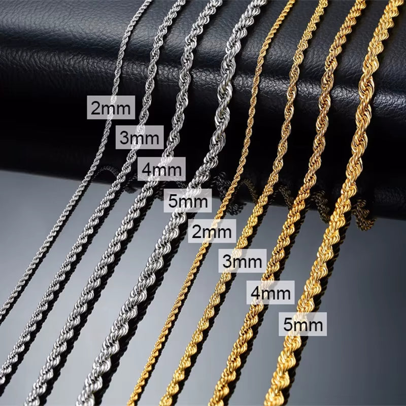 Gold Color Rope Long Chain Necklace for Men Women,Stainless Steel Twisted Rope Chain Collars,Hip Hop Vintage Jewelry Gift