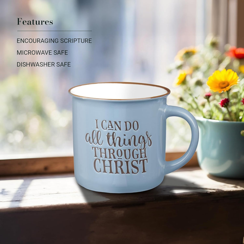 Blue Camp Style Ceramic Coffee Mug – 13 Oz. Microwave and Dishwasher Safe Inspirational Scripture Coffee & Tea Mug with Bible Verse: I Can Do All Things through Christ – Phil. 4:13