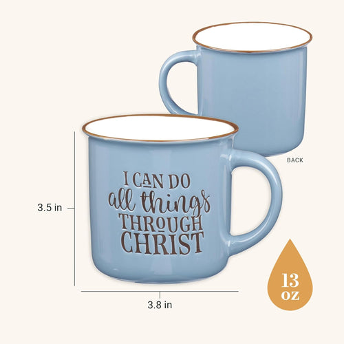Blue Camp Style Ceramic Coffee Mug – 13 Oz. Microwave and Dishwasher Safe Inspirational Scripture Coffee & Tea Mug with Bible Verse: I Can Do All Things through Christ – Phil. 4:13