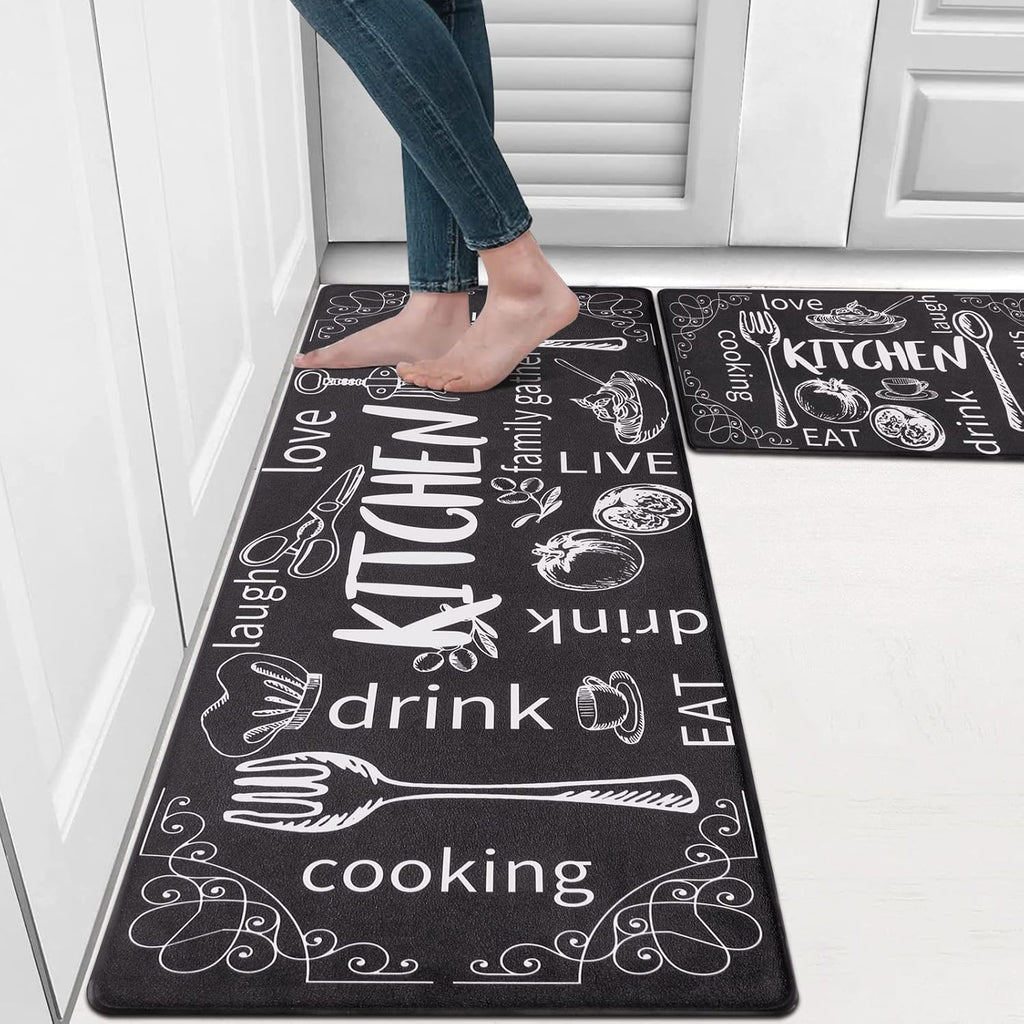 Kitchen Rugs Set of 2, Cushioned anti Fatigue Kitchen Mats for Floor, Non Slip Waterproof Comfort Standing Desk Mat Carpet for Sink, Stove, Laundry Room, Black