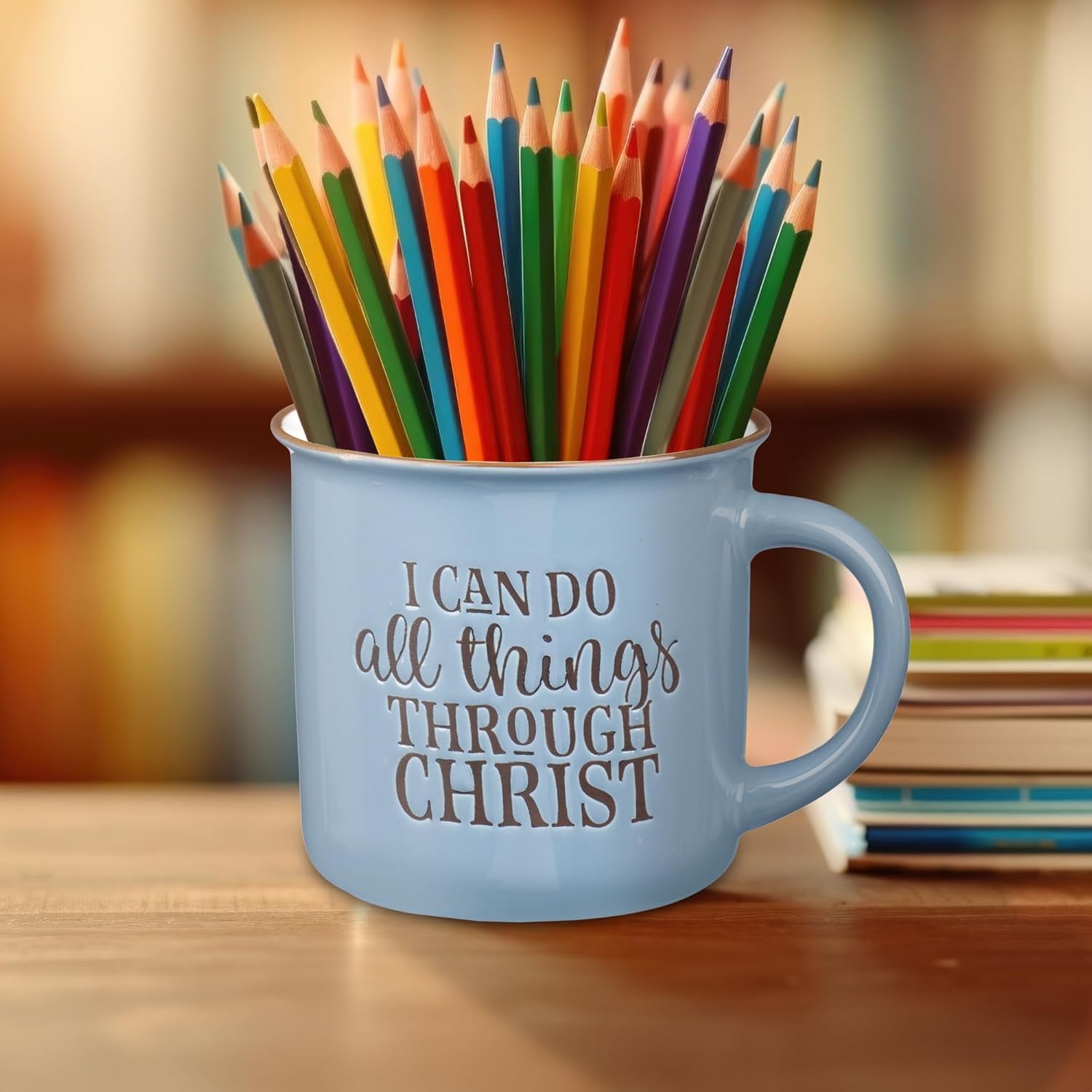 Blue Camp Style Ceramic Coffee Mug – 13 Oz. Microwave and Dishwasher Safe Inspirational Scripture Coffee & Tea Mug with Bible Verse: I Can Do All Things through Christ – Phil. 4:13