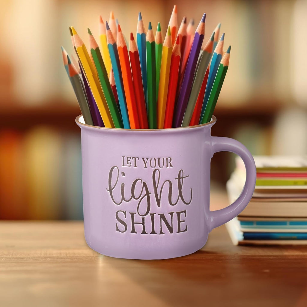 Lavender Camp Style Ceramic Coffee Mug – 13 Oz. Microwave & Dishwasher Safe Inspirational Scripture Coffee & Tea Mug for Women with Bible Verse: Let Your Light Shine – Matthew 5:16