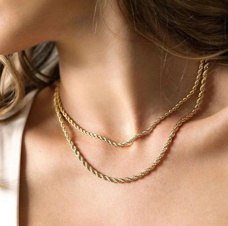 Gold Color Rope Long Chain Necklace for Men Women,Stainless Steel Twisted Rope Chain Collars,Hip Hop Vintage Jewelry Gift