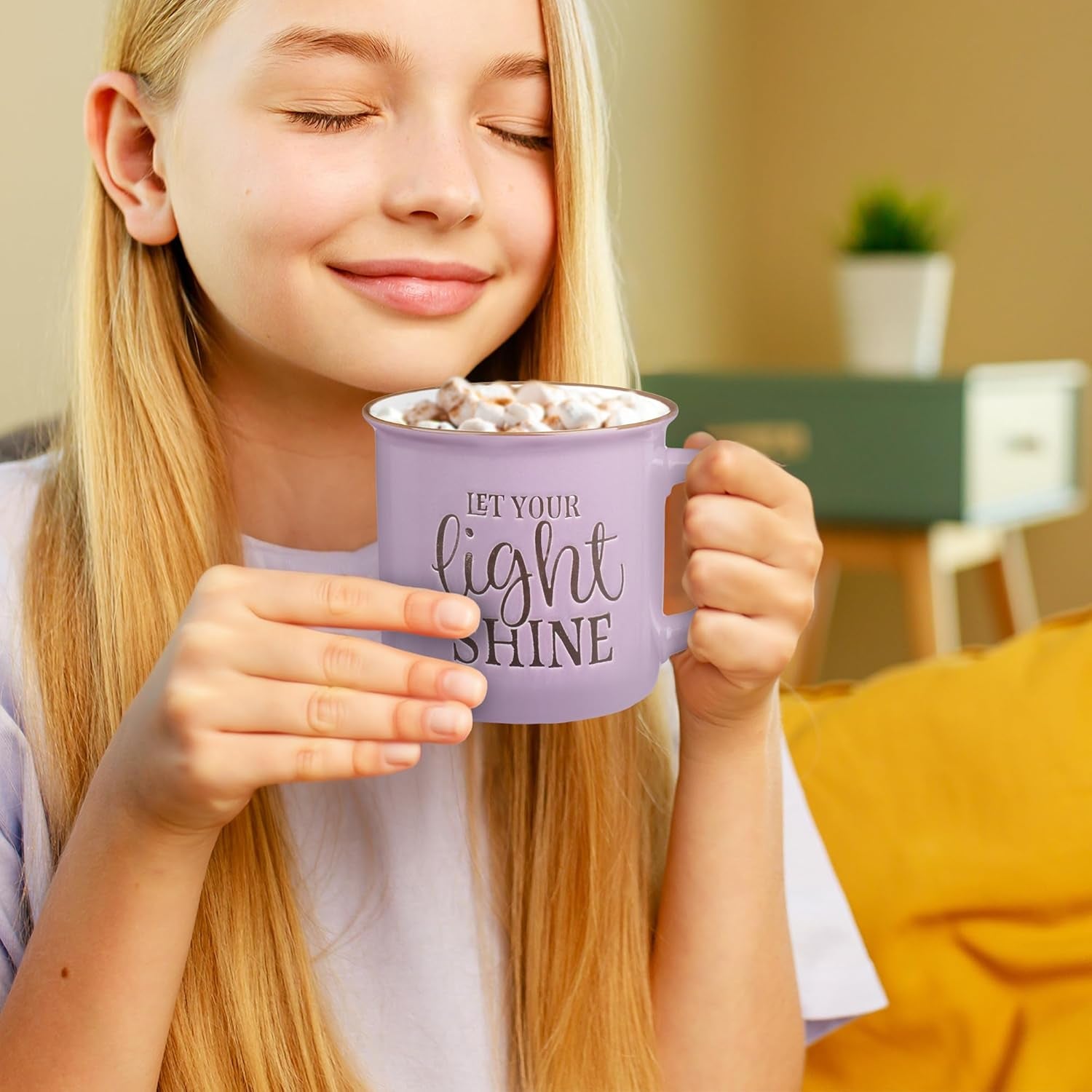 Lavender Camp Style Ceramic Coffee Mug – 13 Oz. Microwave & Dishwasher Safe Inspirational Scripture Coffee & Tea Mug for Women with Bible Verse: Let Your Light Shine – Matthew 5:16