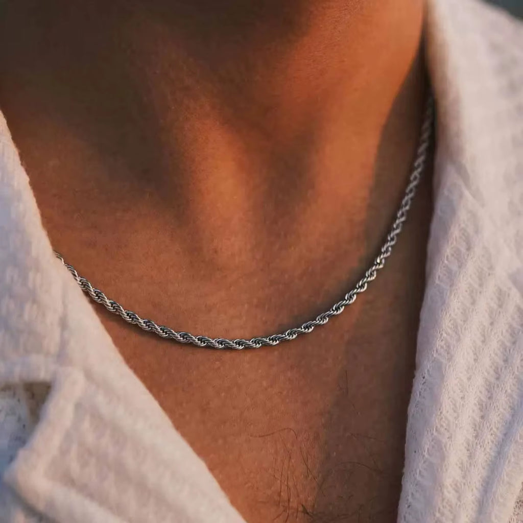 Gold Color Rope Long Chain Necklace for Men Women,Stainless Steel Twisted Rope Chain Collars,Hip Hop Vintage Jewelry Gift