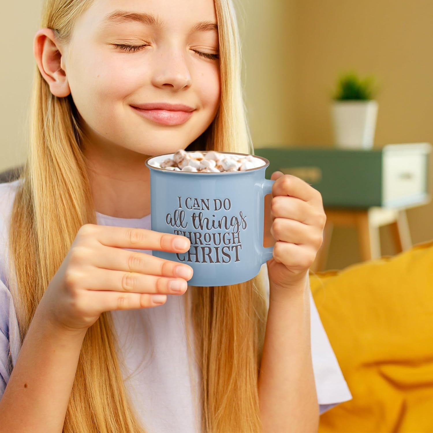 Blue Camp Style Ceramic Coffee Mug – 13 Oz. Microwave and Dishwasher Safe Inspirational Scripture Coffee & Tea Mug with Bible Verse: I Can Do All Things through Christ – Phil. 4:13