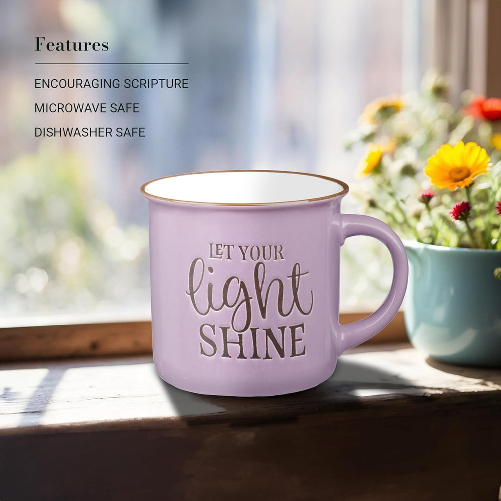 Lavender Camp Style Ceramic Coffee Mug – 13 Oz. Microwave & Dishwasher Safe Inspirational Scripture Coffee & Tea Mug for Women with Bible Verse: Let Your Light Shine – Matthew 5:16