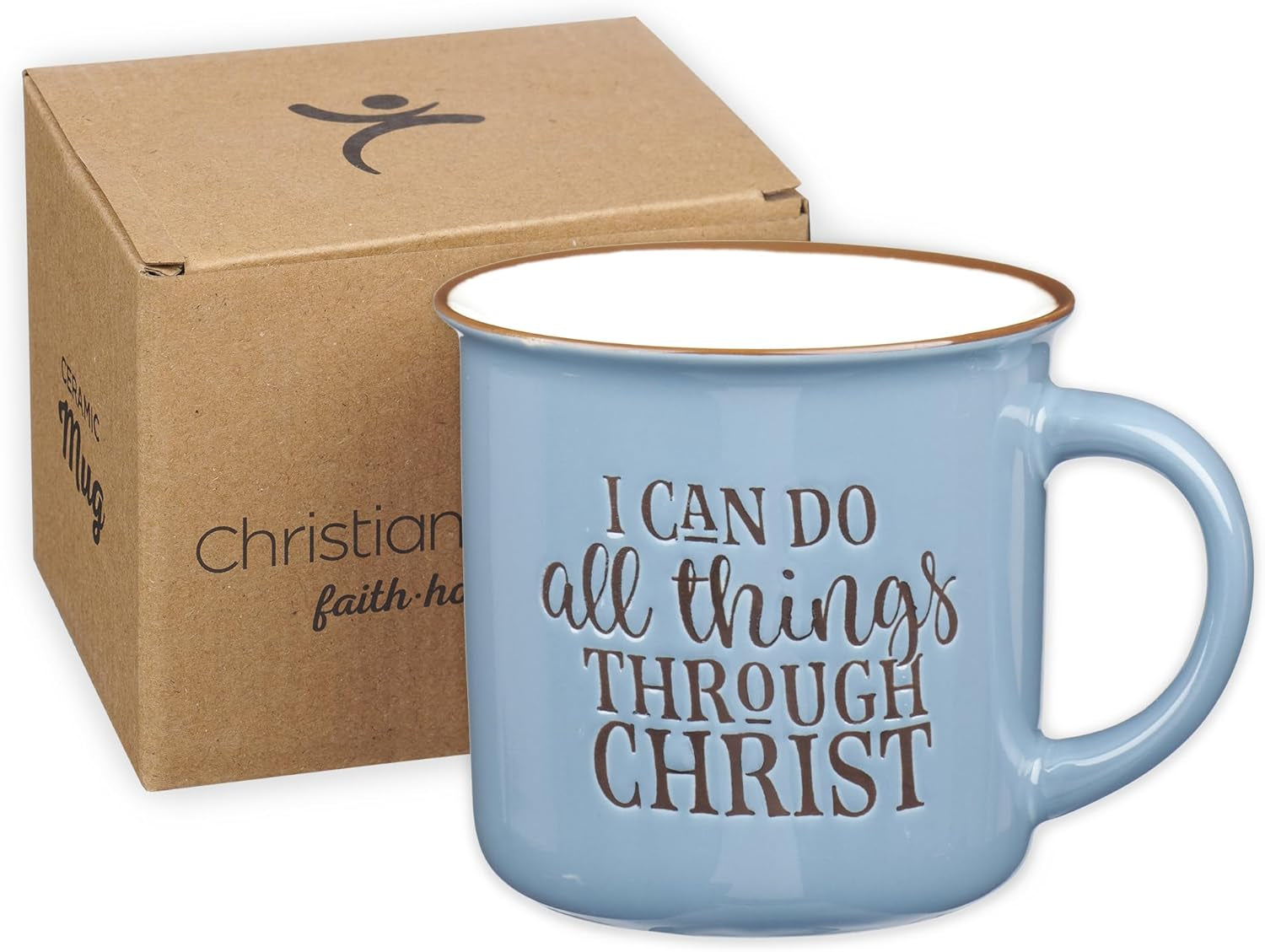 Blue Camp Style Ceramic Coffee Mug – 13 Oz. Microwave and Dishwasher Safe Inspirational Scripture Coffee & Tea Mug with Bible Verse: I Can Do All Things through Christ – Phil. 4:13